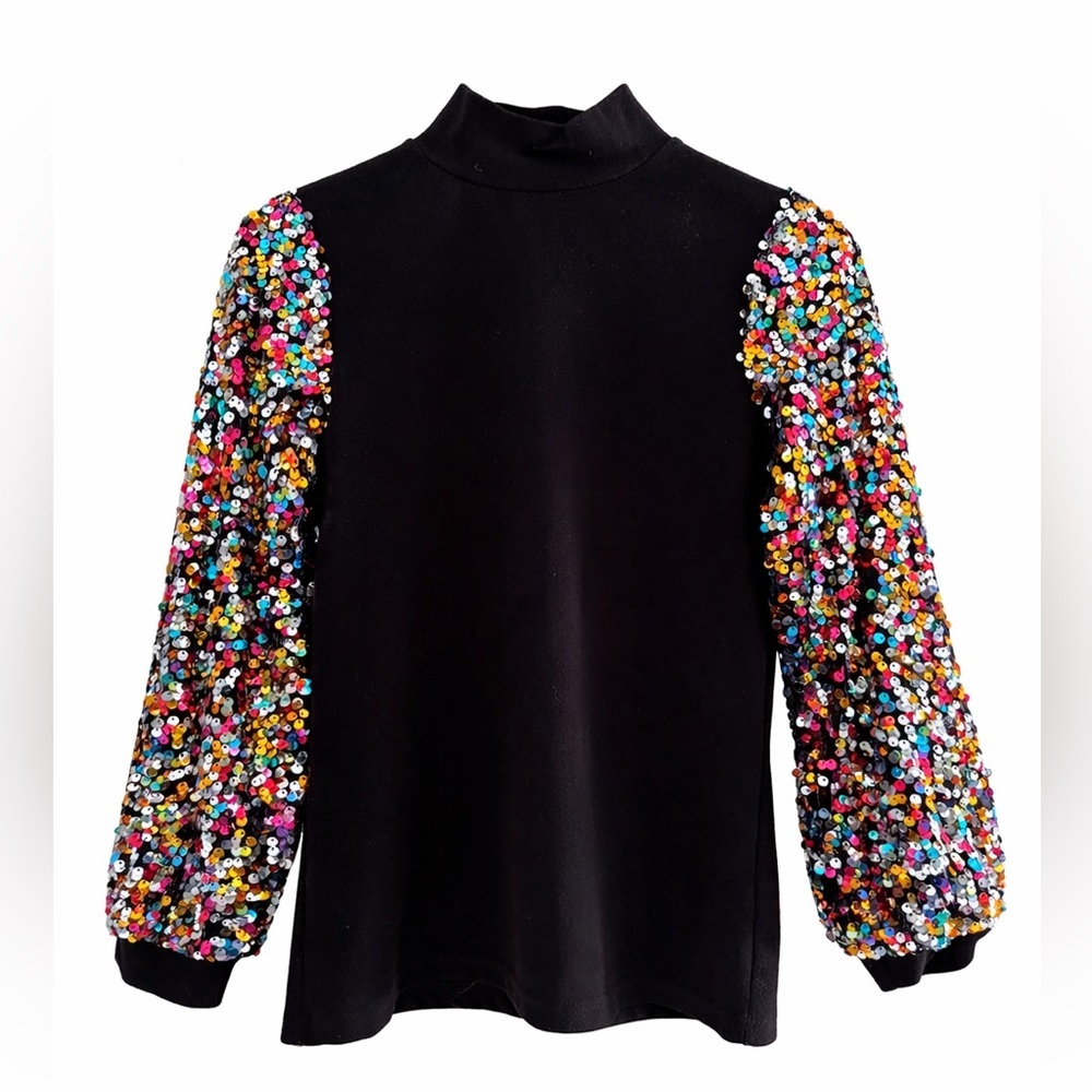 Sequin Sleeve Mock Neck Top Party Retro Glam Maximalist